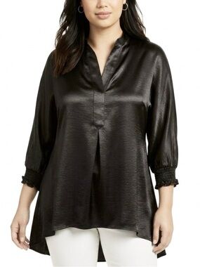 Anne Klein Tunic Top Black Satin High Low 1X Dolman Sleeve Cocktail Elegant